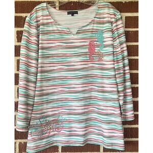 Bua Bua Colorful Striped Knit Top with Embroidery Ocean Theme Size XL